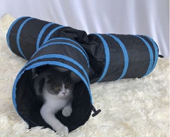 Cat 3-Way Tube Tunnels Collapsible Cat Play Tent Interactive Toy Maze with Balls and Bells (Color: Blue)