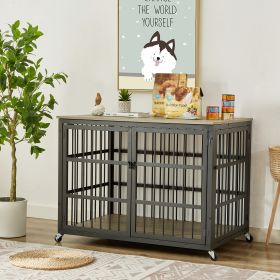 Furniture style dog crate wrought iron frame door with side openings, Grey, 43.3''W x 29.9''D x 33.5''H. (Color: Grey)