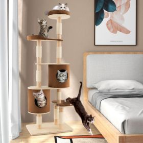 6-Tier Wooden Cat Tree with 2 Removeable Condos Platforms and Perch (Color: Brown)