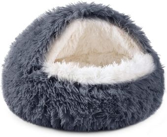 Cat Bed Round Soft Plush Burrowing Cave Hooded Cat Bed Donut for Dogs & Cats, Faux Fur Cuddler Round Comfortable Self Warming pet Bed (Color: gray, size: 23.5'' for cat up to 22lbs)